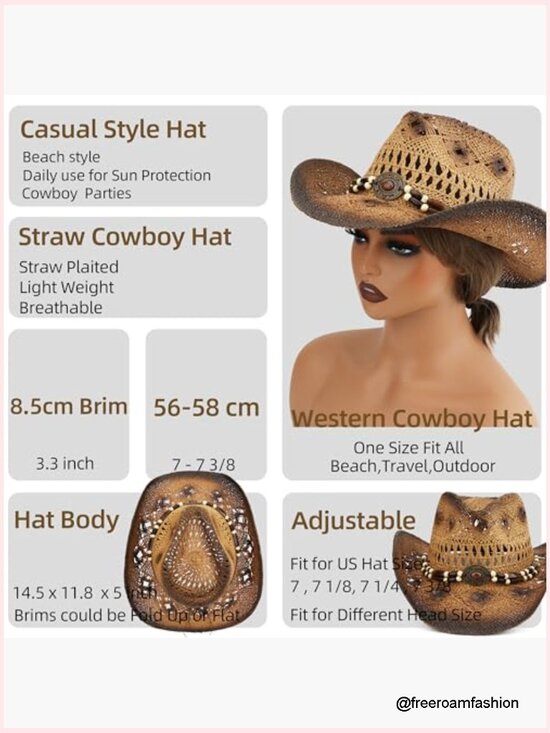 Straw Cowboy Hat with Shapeable Wide Brim Sun Beach Western Unisex